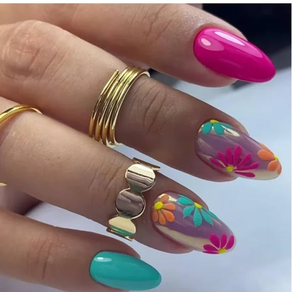 6 Packs (144 Pcs) Flower Press on Nails Medium Almond Fake Nails - Picture 7 of 7